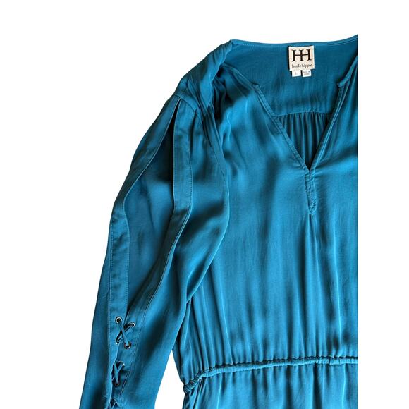 Turquoise emerald aqua blue silk Haute Hippie dress size L - Picture 3 of 7